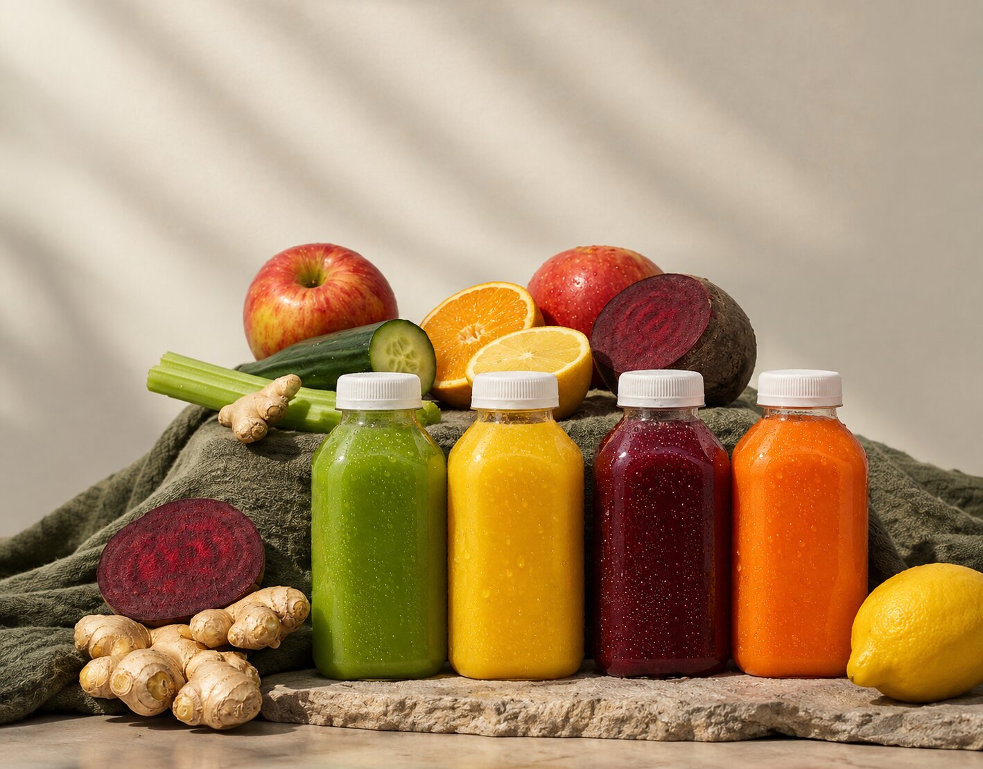 Four Balanced Ritual cold-pressed juices with fresh produce